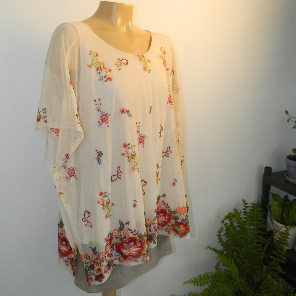 Cleo & Kai Embroidered Mesh Top Women XL Cream Floral Boho Sheer Overlay
